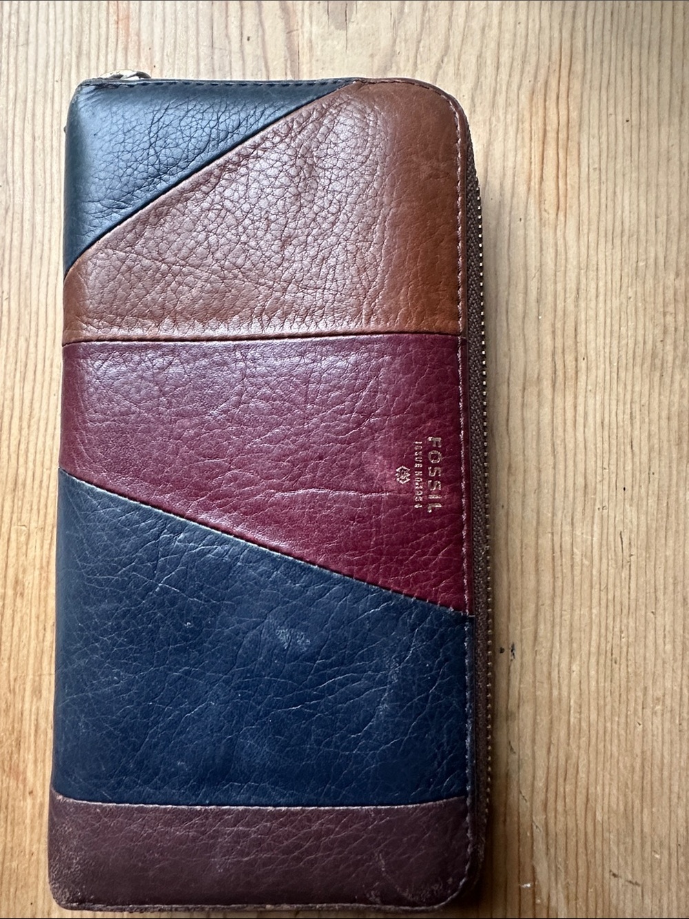 Fossil Colorblock Leather Zip Wallet in Brown, Navy & Burgundy